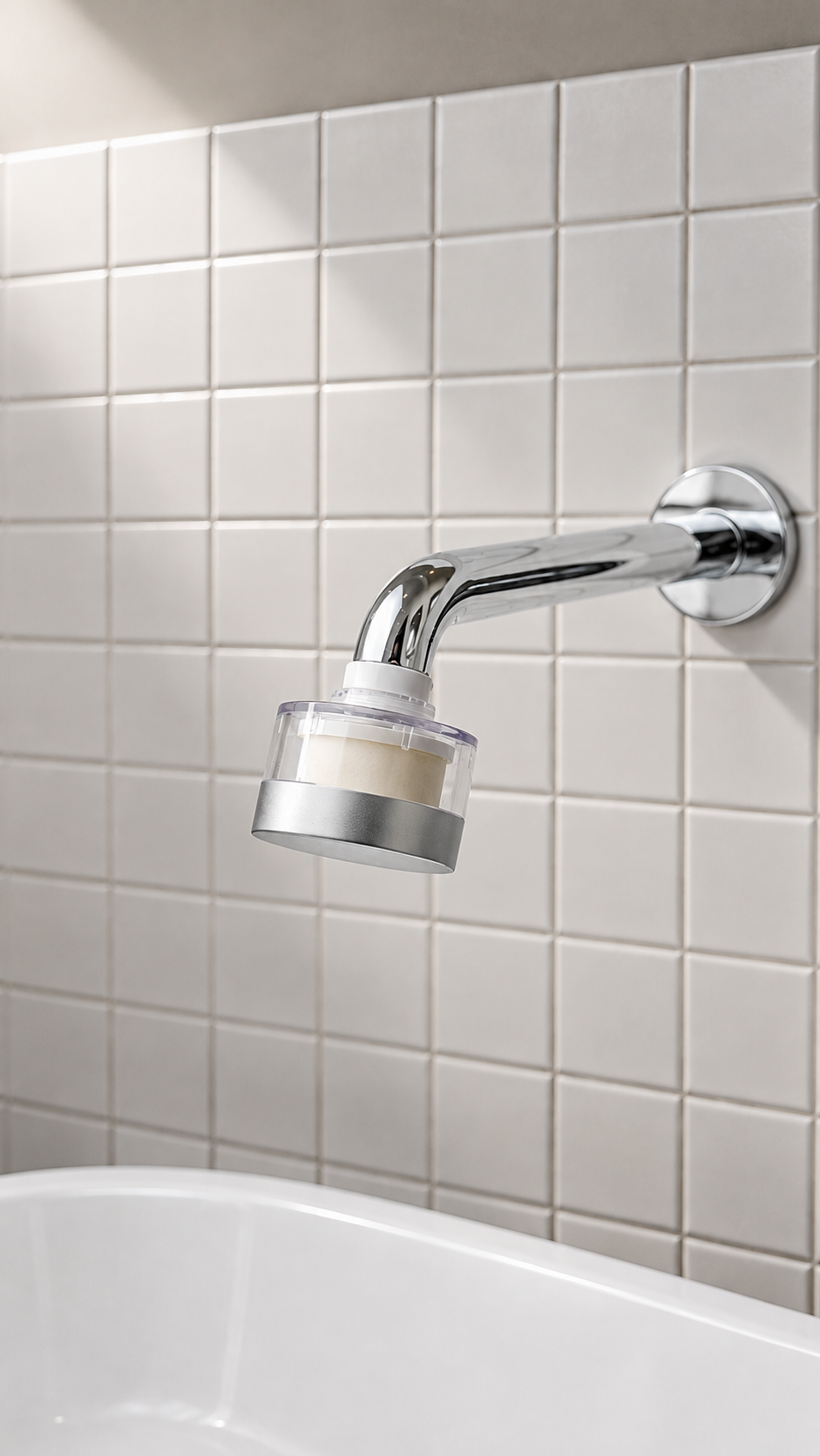 Misté filter on a chrome faucet in a tiled bathroom